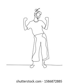 Continuous one line dancing woman with hair bun with barette. Vector stock illustration.
