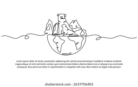 Diseño continuo de una línea de animales en un globo terráqueo. Ilustración vectorial de estilo minimalista sobre fondo blanco.