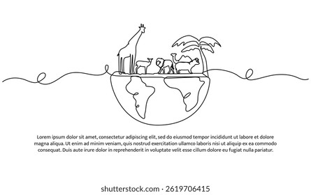 Continuous one line design of animals on a globe. Minimalist style vector illustration on white background.