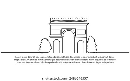 Continuous one line design of arc de triomphe de l'Etoile. Minimalist style vector illustration on white background.