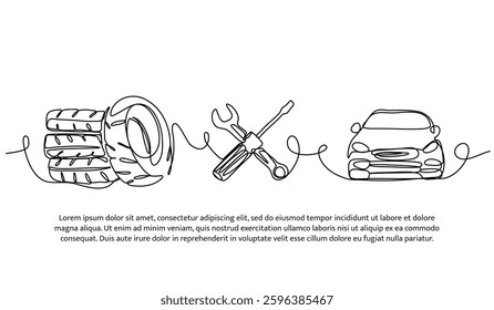 Continuous one line design of automotive tool and tire. Minimalist style vector illustration on white background.