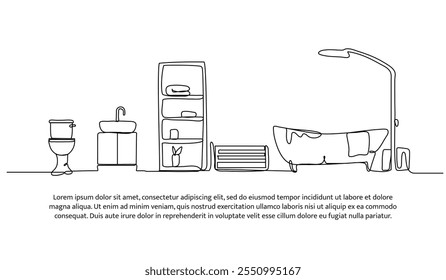 Continuous one line design of bathroom interior. Minimalist style vector illustration on white background.