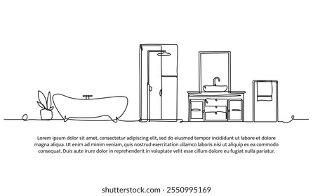 Diseño continuo de una línea del interior del baño. Ilustración vectorial de estilo minimalista sobre fondo blanco.