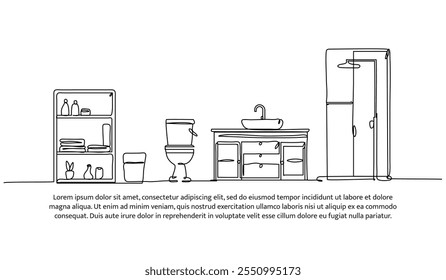 Projeto contínuo de uma linha do interior do banheiro. Ilustração de vetor de estilo minimalista em fundo branco.