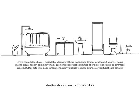 Continuous one line design of bathroom interior. Minimalist style vector illustration on white background.