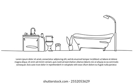 Continuous one line design of bathroom interior. Minimalist style vector illustration on white background.