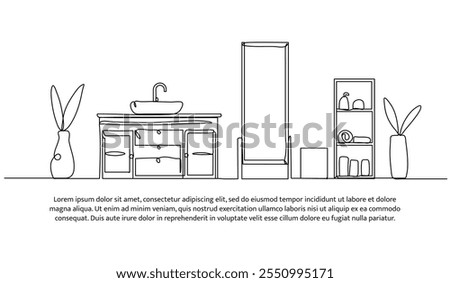 Continuous one line design of bathroom interior. Minimalist style vector illustration on white background.
