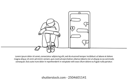 Kontinuierliches, einzeiliges Design von Mobbing in sozialen Medien. Minimalistische Vektorgrafik auf weißem Hintergrund.