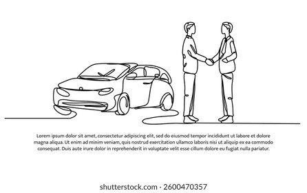 Continuous one line design of business handshake with car. Minimalist style vector illustration on white background.
