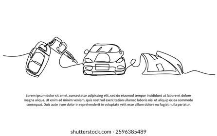Continuous one line design of car and road elements. Minimalist style vector illustration on white background.