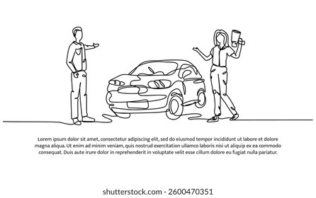 Continuous one line design of car sales interaction. Minimalist style vector illustration on white background.