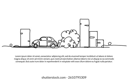 Continuous one line design of car emitting smoke. Minimalist style vector illustration on white background.