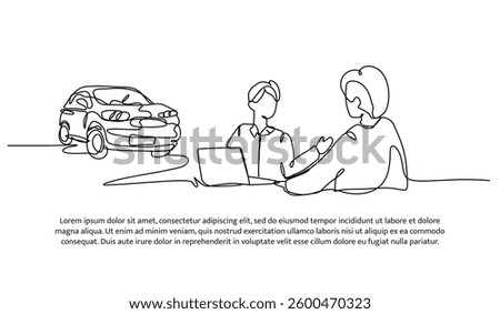 Continuous one line design of car discussion between clients. Minimalist style vector illustration on white background.