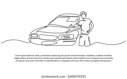 Continuous one line design of casual man with blue car. Minimalist style vector illustration on white background.