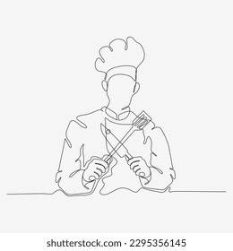 Diseño continuo de una línea de chef en el cuchillo y la espátula. Carácter de cocina de confianza. Ilustración vectorial de estilo minimalista sobre fondo blanco.