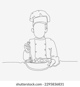 Continuous one line design of chef kneading dough. Cute cooking art character. Minimalist style vector illustration on white background.