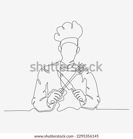 Continuous one line design of chef in hat holding knife and spatula. Confident cooking character. Minimalist style vector illustration on white background.