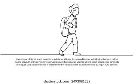 Continuous one line design of a child going to school alone. Minimalist style vector illustration on white background.