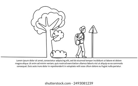 Continuous one line design of a child going to school. Minimalist style vector illustration on white background.