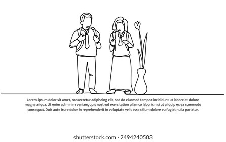 Continuous one line design of children going to school. Minimalist style vector illustration on white background.
