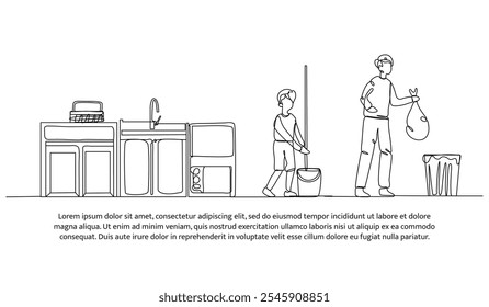 Continuous one line design of cleaning the kitchen with father and son. Minimalist style vector illustration on white background.