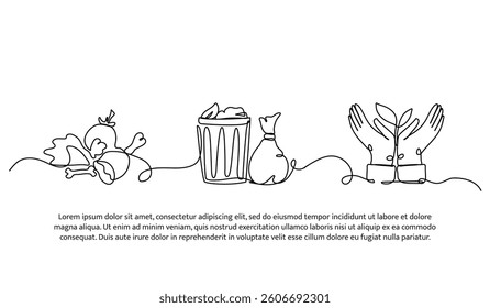 Continuous one line design of composting process. Minimalist style vector illustration on white background.