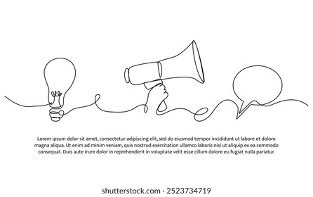 Continuous one line design of conveying ideas via megaphone and chat. Minimalist style vector illustration on white background.