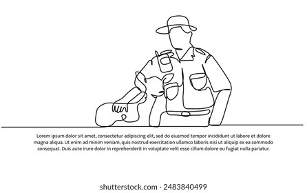 Continuous one line design of day the forest ranger takes care of the deer.Minimalist style vector illustration on white background.