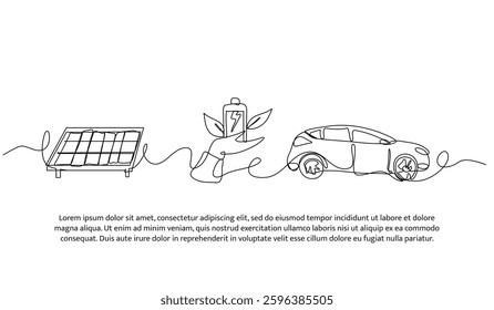 Continuous one line design of electric vehicle technology. Minimalist style vector illustration on white background.