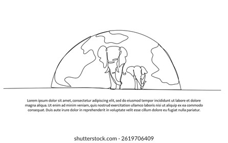 Continuous one line design of elephants with the earth. Minimalist style vector illustration on white background.