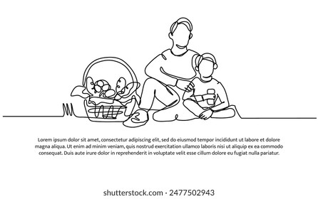 Continuous one line design of father having a picnic with his son.Minimalist style vector illustration on white background.