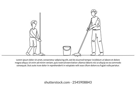 Continuous one line design of a father and son are mopping the floor. Minimalist style vector illustration on white background.