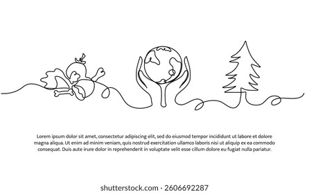 Continuous one line design of featuring earth and nature. Minimalist style vector illustration on white background.