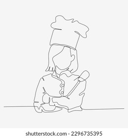 Continuous one line design of female chef confidently holding spatula. Cute cooking art character. Minimalist style vector illustration on white background.
