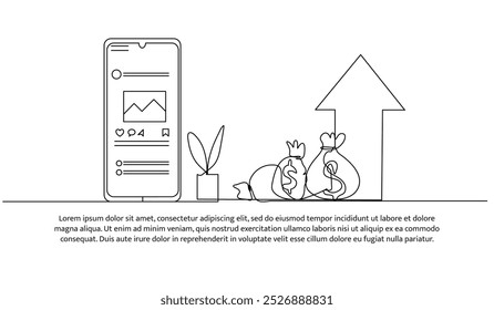 Kontinuierliches, einzeiliges Design des Finanzwachstums. Minimalistische Vektorgrafik auf weißem Hintergrund.
