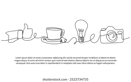 Projeto contínuo de uma linha de encontrar ideias em hobbies de fotografia. Ilustração de vetor de estilo minimalista em fundo branco.