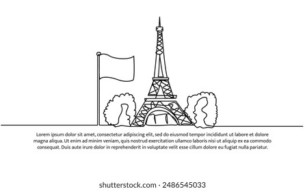 Continuous one line design of flag and tower of france.Minimalist style vector illustration on white background.