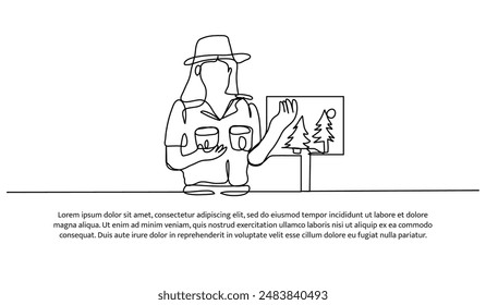 Durchgängiges einzeiliges Design der Waldwache gab eine Erklärung.Minimalistische Stil-Vektorillustration auf weißem Hintergrund.