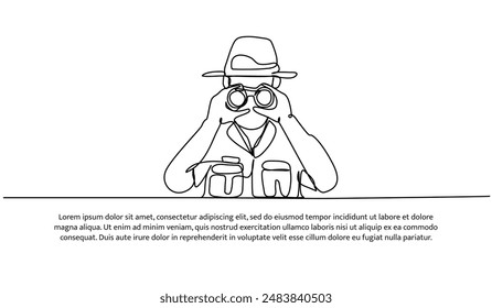 Continuous one line design of forest the forest guard was scouting using a binoculars.Minimalist style vector illustration on white background.