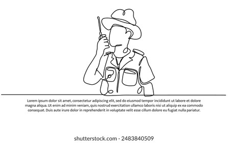 El diseño continuo de una línea de los guardabosques se comunican usando útiles talkies.Minimalist Ilustración vectorial de estilo sobre fondo blanco.