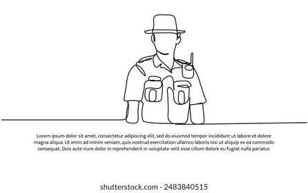 Continuous one line design of forest ranger.Minimalist style vector illustration on white background.