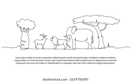 Continuous one line design of forest and zoo animals. Minimalist style vector illustration on white background.