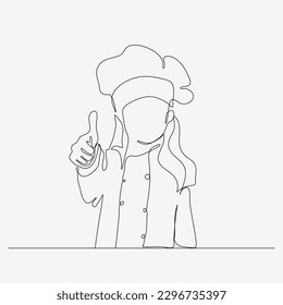 Continuous one line design of a girl chef giving thumbs up. Cute cooking art character. Minimalist style vector illustration on white background.