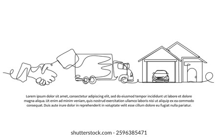 Continuous one line design of handshake and delivery truck with houses. Minimalist style vector illustration on white background.