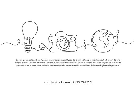Continuous one line design of hobby of taking photos around the world. Minimalist style vector illustration on white background.
