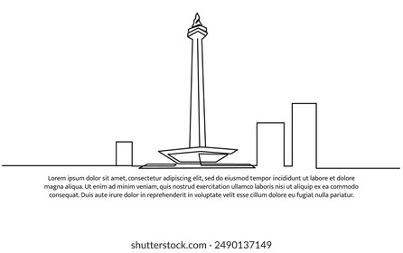 Continuous one line design of indonesian monas .Minimalist style vector illustration on white background.