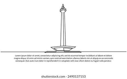 Continuous one line design of indonesian monas .Minimalist style vector illustration on white background.