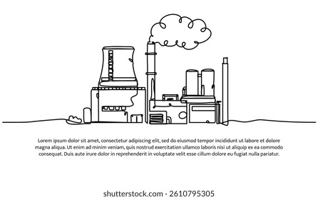 Continuous one line design of industrial factory. Minimalist style vector illustration on white background.