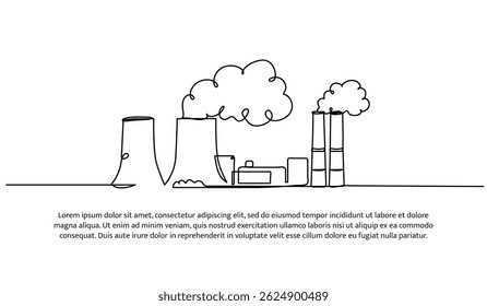 Continuous one line design of industrial power plant with emissions. Minimalist style vector illustration on white background.