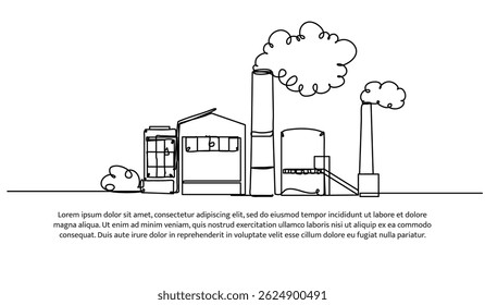 Kontinuierliches einzeiliges Design der industriellen Fabrik mit Rauch. Minimalistische Vektorgrafik auf weißem Hintergrund.